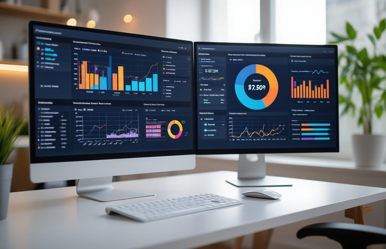 Create a realistic image of a modern office workspace featuring a computer monitor displaying colorful data visualization charts and graphs with various metrics, analytics dashboards, and ranking indicators, surrounded by a clean white desk with a wireless keyboard and mouse, subtle ambient lighting from a nearby window creating soft shadows, and a professional atmosphere focused on digital marketing analysis. Absolutely NO text should be in the scene.