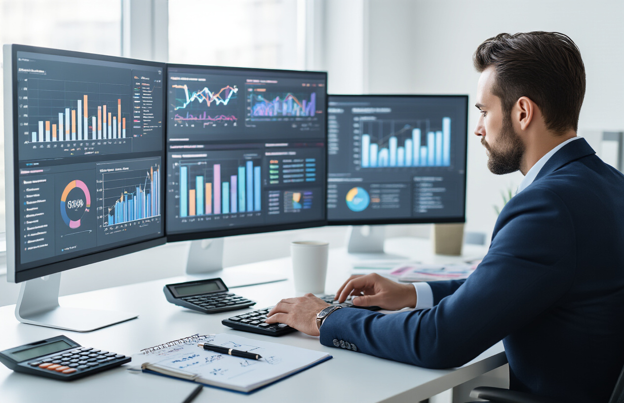 Create a realistic image of a modern office workspace with multiple computer monitors displaying colorful data visualizations, charts, and keyword analytics dashboards, a white male professional in business attire analyzing spreadsheets with ranking metrics and search volume data, calculator and notebooks with handwritten priority rankings on the desk, clean minimalist background with soft natural lighting from a window, focused and analytical mood conveying strategic decision-making process, absolutely NO text should be in the scene.