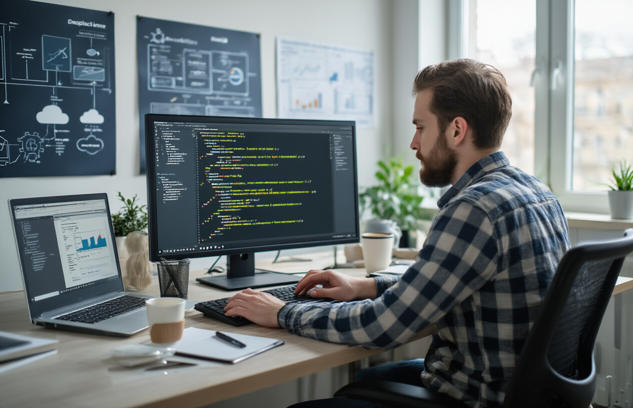Create a realistic image of a modern office workspace with a computer monitor displaying website code with HTML meta tags, a white male developer in his 30s typing on a keyboard, surrounded by technical documentation, server diagrams on the wall, and deployment flowcharts, with clean desk setup including a laptop, coffee cup, and notebook, in a bright well-lit office environment with natural lighting from a window, absolutely NO text should be in the scene.