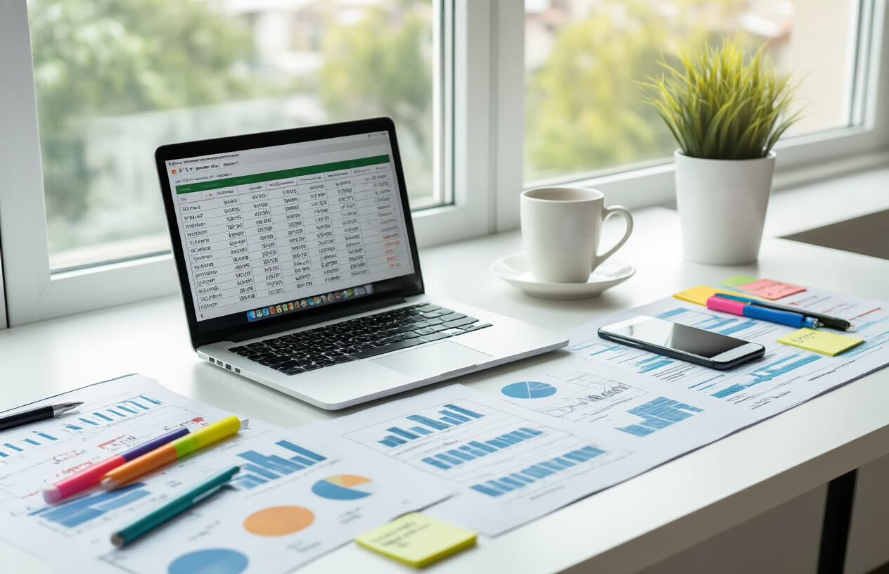 Create a realistic image of a modern office workspace featuring a laptop computer displaying spreadsheet software with organized data columns and rows, alongside printed documents with keyword lists and charts scattered on a clean white desk, a smartphone showing analytics data, colorful highlighters and pens for organizing information, sticky notes with priority markings, and a coffee cup in the background, all set in bright natural lighting from a nearby window creating a productive work atmosphere. Absolutely NO text should be in the scene.