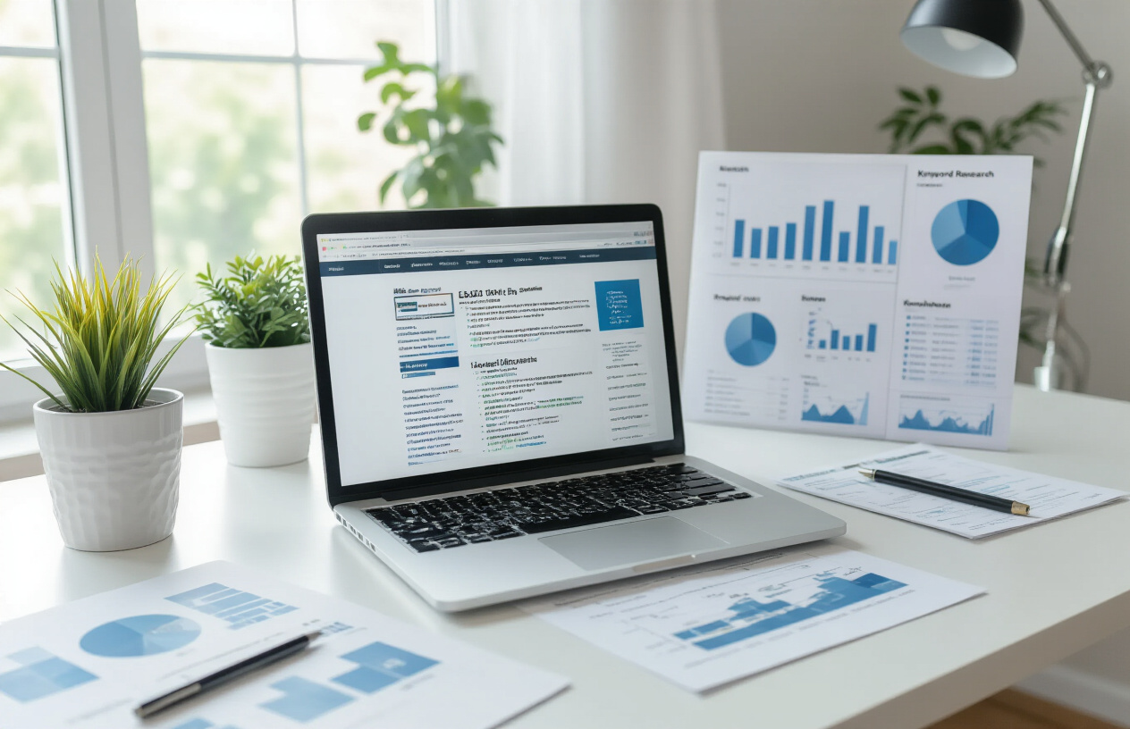 Create a realistic image of a modern office workspace showing a laptop computer displaying a website with highlighted SEO elements like meta tags, headers, and keyword placements visible on the screen, surrounded by SEO analysis charts, keyword research documents, and optimization checklists on a clean white desk, with soft natural lighting from a nearby window creating a professional and focused atmosphere, absolutely NO text should be in the scene.