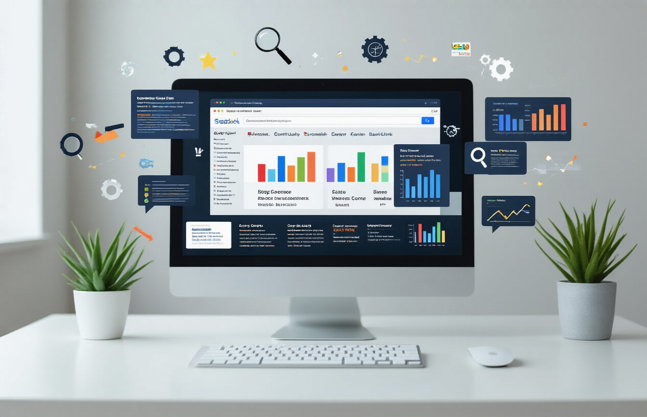 Create a realistic image of a modern office workspace with a computer screen displaying a search engine results page showing multiple website listings in different ranking positions, with colorful bar charts and analytics graphs floating above the screen representing various SEO ranking factors like page speed, content quality, and backlinks, surrounded by subtle digital icons of magnifying glasses, gears, and upward trending arrows, set against a clean white desk with a keyboard and mouse, professional lighting creating a focused atmosphere, absolutely NO text should be in the scene.