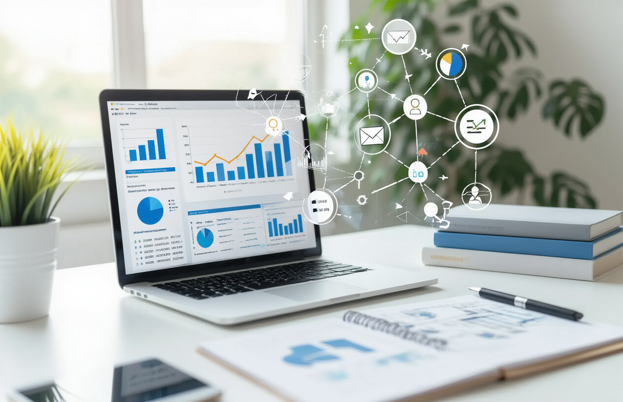 Create a realistic image of a modern office workspace showing SEO fundamentals with a laptop displaying website analytics graphs and charts, surrounded by interconnected network icons floating in the air representing backlinks and external connections, with upward trending arrows symbolizing improved rankings, set against a clean white desk with scattered SEO reference books and a notepad with strategic diagrams, featuring soft natural lighting from a nearby window creating a professional and focused atmosphere, absolutely NO text should be in the scene.