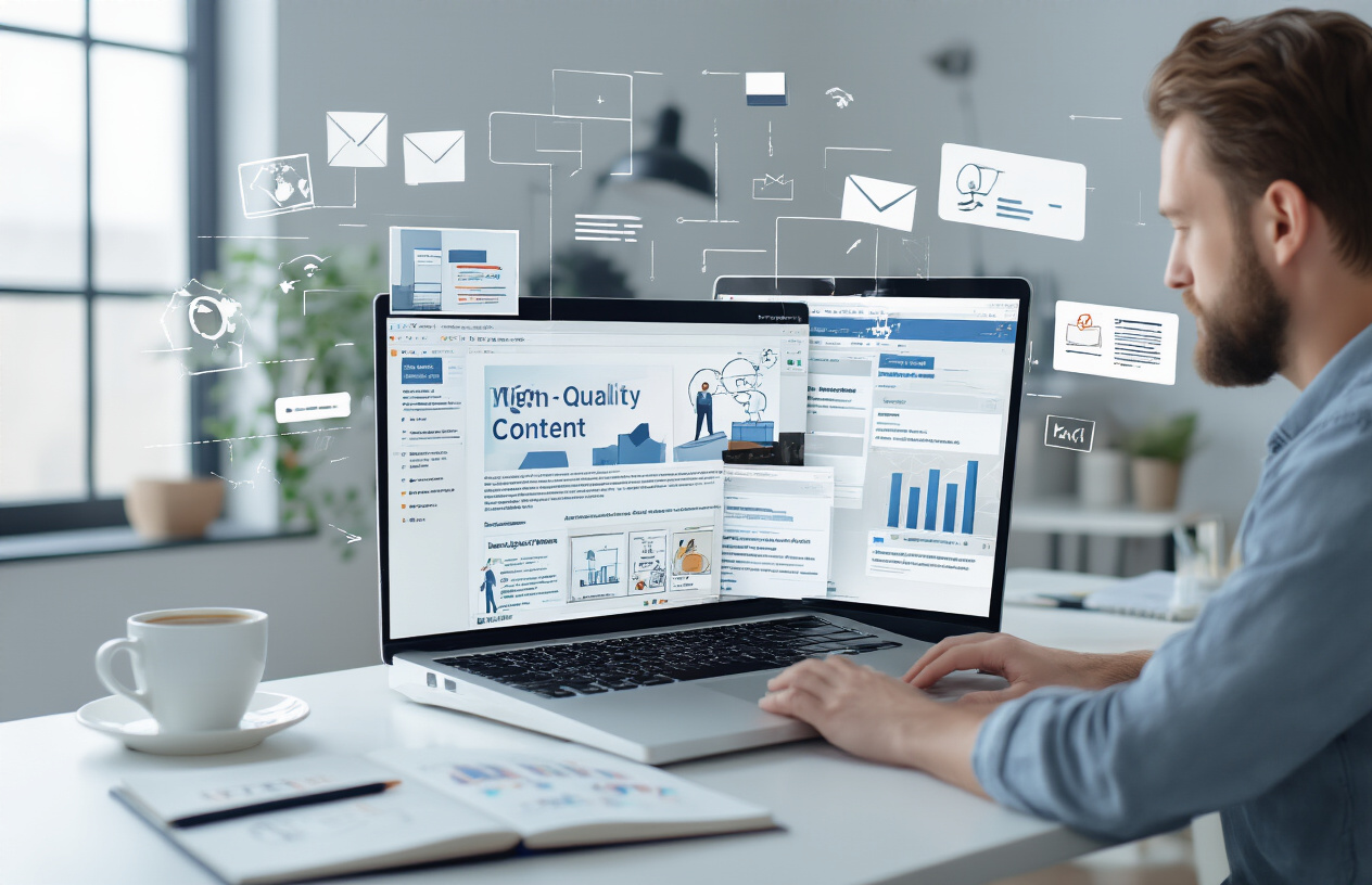 Create a realistic image of a modern office workspace with multiple computer monitors displaying colorful analytics dashboards, charts, and graphs showing email campaign metrics, with a white male professional in business casual attire analyzing data on the screens, surrounded by documents and notebooks on a clean desk, bright natural lighting from a window, professional atmosphere with plants and office supplies in the background, absolutely NO text should be in the scene.