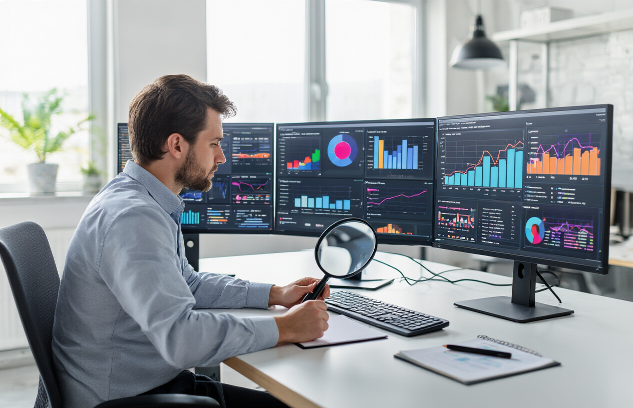 Create a realistic image of a modern office workspace with multiple computer monitors displaying colorful analytical dashboards and data visualization charts showing website metrics and link analysis, a professional white male analyst in business casual attire examining competitor backlink data on the screens, magnifying glass and notepad on the desk highlighting valuable link opportunities, clean contemporary office environment with soft natural lighting from windows, focused and analytical mood suggesting strategic research and discovery. Absolutely NO text should be in the scene.