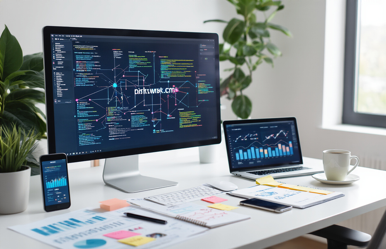 Create a realistic image of a modern office workspace with a large computer monitor displaying colorful network diagrams and interconnected website nodes, with strategic planning documents and sticky notes scattered on a clean white desk, alongside a smartphone showing analytics charts, a notebook with handwritten campaign strategies, and a coffee cup, all illuminated by natural daylight from a nearby window creating a productive and focused atmosphere for digital marketing work, absolutely NO text should be in the scene.