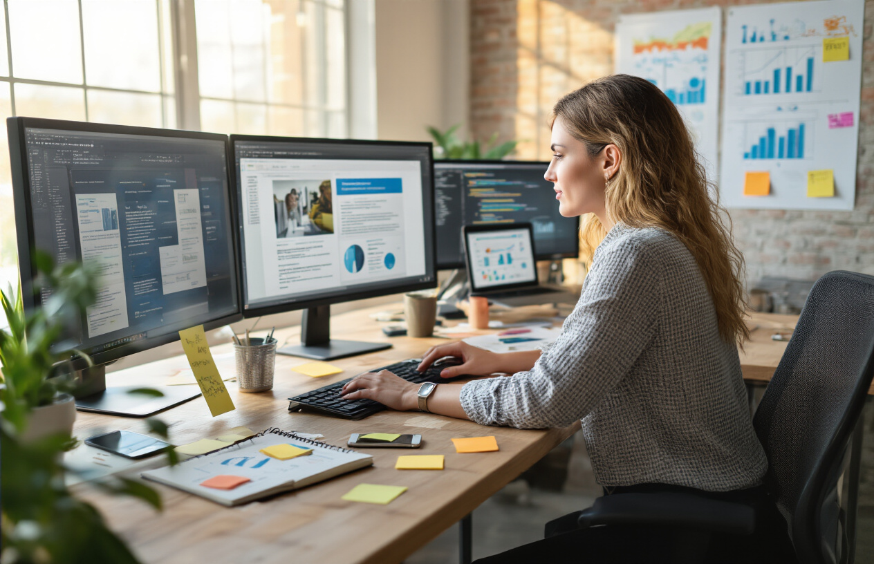 Create a realistic image of a modern office workspace showing outreach activities for link building, featuring a white female professional at a desk with multiple computer monitors displaying email templates and website analytics, surrounded by marketing materials, sticky notes with contact information, a smartphone, notebook with outreach strategies written down, and collaboration charts on the wall, with warm natural lighting from a window creating a productive and focused atmosphere. Absolutely NO text should be in the scene.