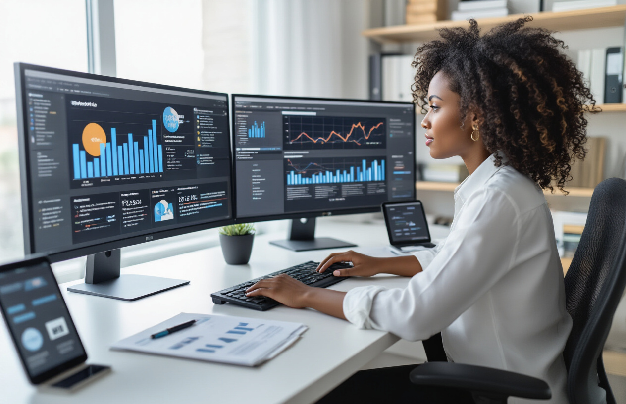 Create a realistic image of a modern office workspace showing a black female marketing professional sitting at a sleek desk with dual monitors displaying website analytics dashboards and media coverage reports, surrounded by elements representing digital PR such as press release documents, media contact lists, and authority-building symbols like upward trending graphs and quality rating badges, with soft natural lighting from a large window creating a professional atmosphere, high-end technology equipment including smartphone and tablet showing social media engagement, and subtle background elements like bookshelves with marketing and PR books, absolutely NO text should be in the scene.