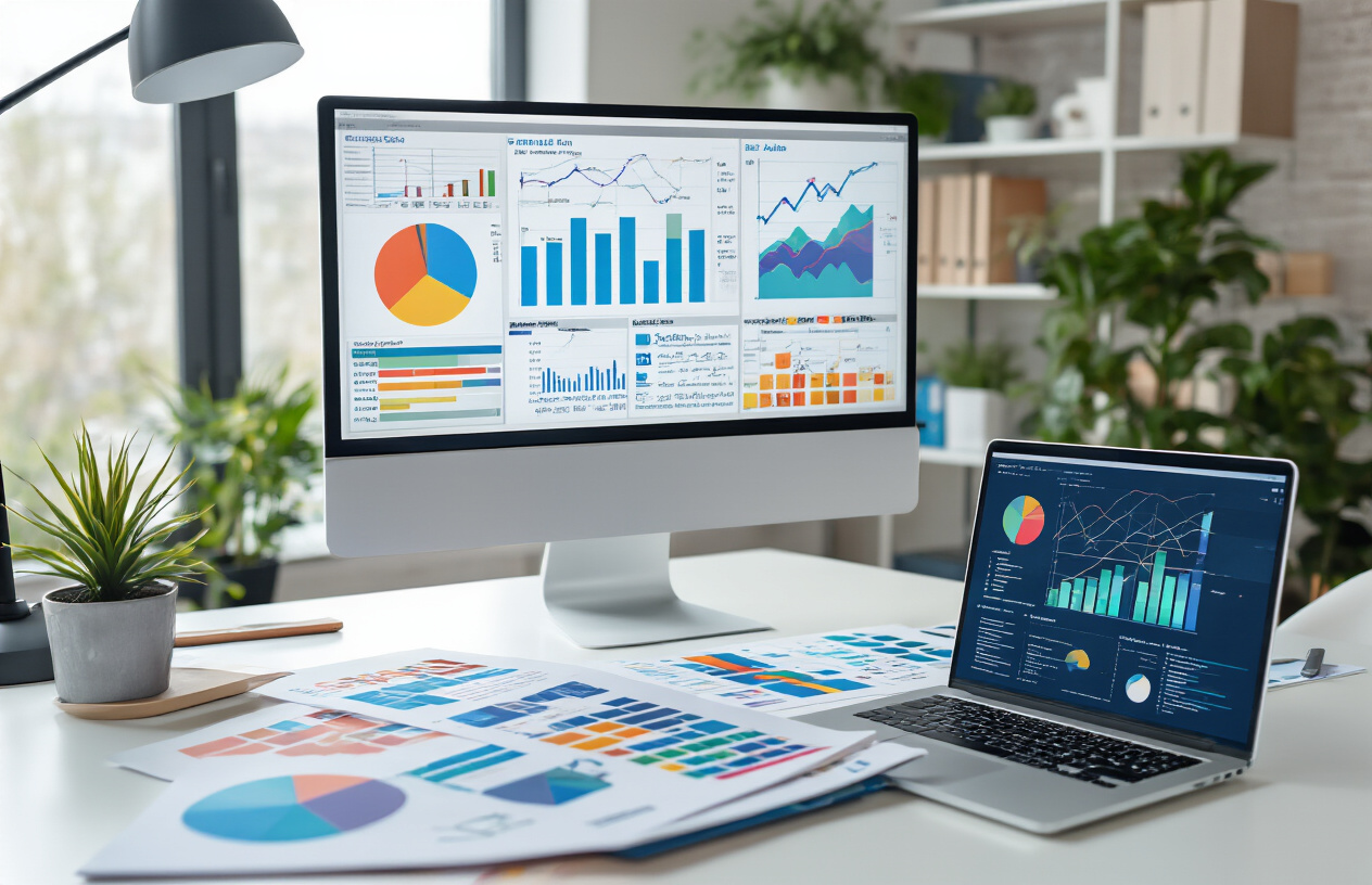 Create a realistic image of a modern office workspace with a large computer monitor displaying colorful infographic elements like charts, graphs, icons, and visual data representations, surrounded by marketing materials including printed charts, color swatches, and design sketches scattered on a clean white desk, with a sleek laptop open nearby showing analytics dashboards, professional lighting illuminating the scene, and a minimalist background featuring office plants and modern furniture, conveying a productive and strategic marketing environment, absolutely NO text should be in the scene.