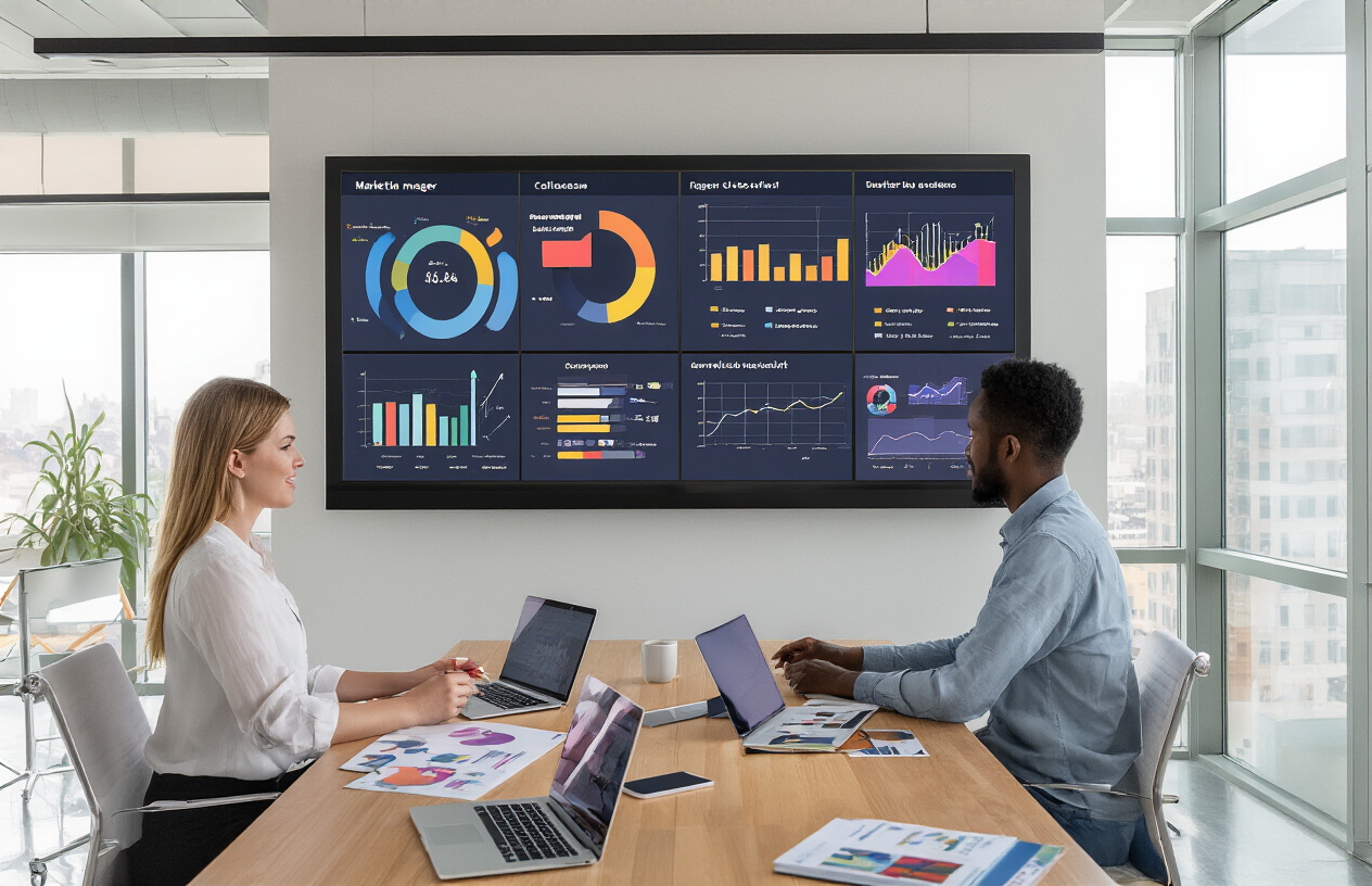Create a realistic image of a modern office workspace with a large wall-mounted display showing multiple colorful infographic designs with charts, graphs, and visual data representations, a diverse team of professionals including a white female marketing manager and a black male designer collaborating around a conference table with laptops, tablets, and printed marketing materials spread across the surface, bright natural lighting streaming through large windows, clean contemporary office environment with glass walls and modern furniture, professional atmosphere conveying strategic planning and successful campaign development, absolutely NO text should be in the scene.