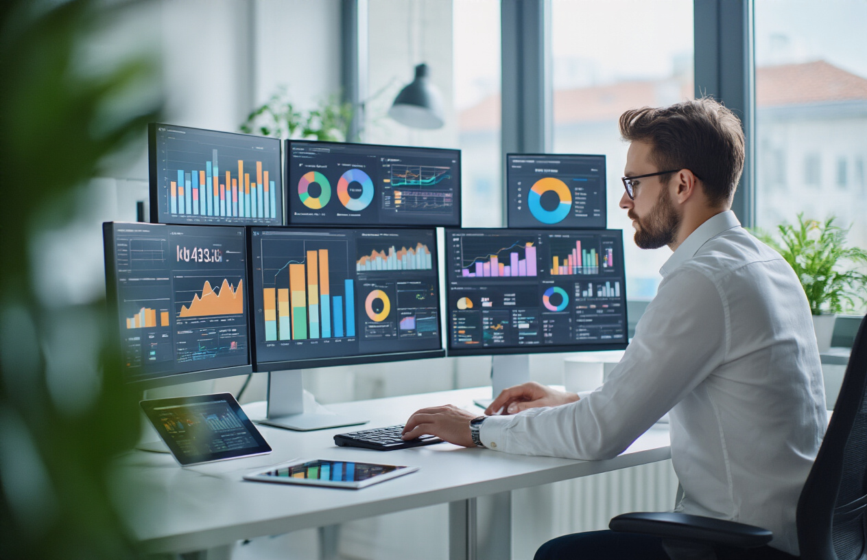 Create a realistic image of a modern office workspace featuring a white male marketing professional sitting at a sleek desk analyzing colorful bar charts, line graphs, and pie charts displayed on multiple computer monitors, with a tablet showing infographic analytics nearby, surrounded by a clean contemporary office environment with soft natural lighting from large windows, additional data visualization elements like KPI dashboards visible on screens, and a focused, analytical atmosphere suggesting performance measurement and optimization work, absolutely NO text should be in the scene.