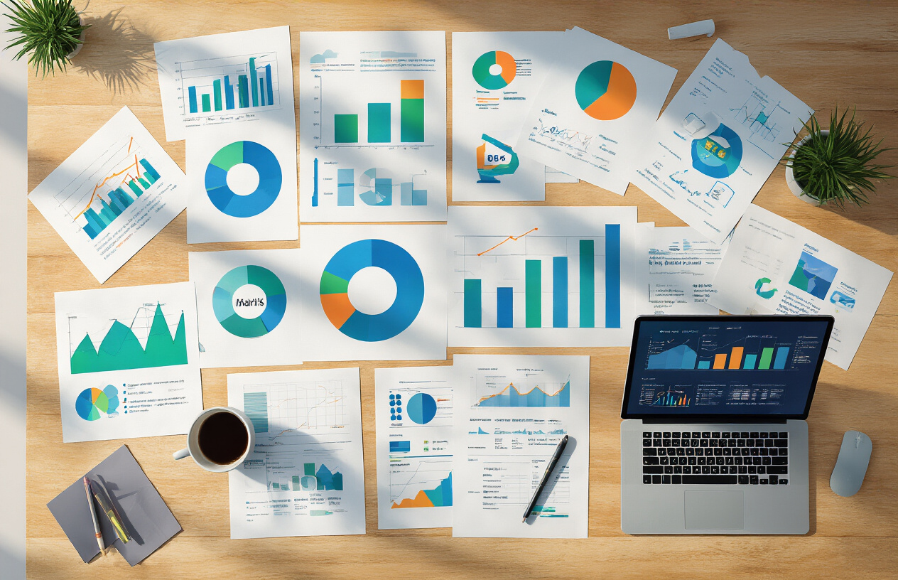 Create a realistic image of a modern office workspace with multiple colorful infographic designs spread across a large wooden desk, including charts, graphs, and visual data representations in vibrant blues, greens, and oranges, with a laptop computer displaying analytics dashboard, scattered marketing materials and printed reports, a coffee cup, and some office supplies, all set against a bright, naturally lit background with soft shadows, conveying a sense of successful marketing campaign completion and achievement, absolutely NO text should be in the scene.