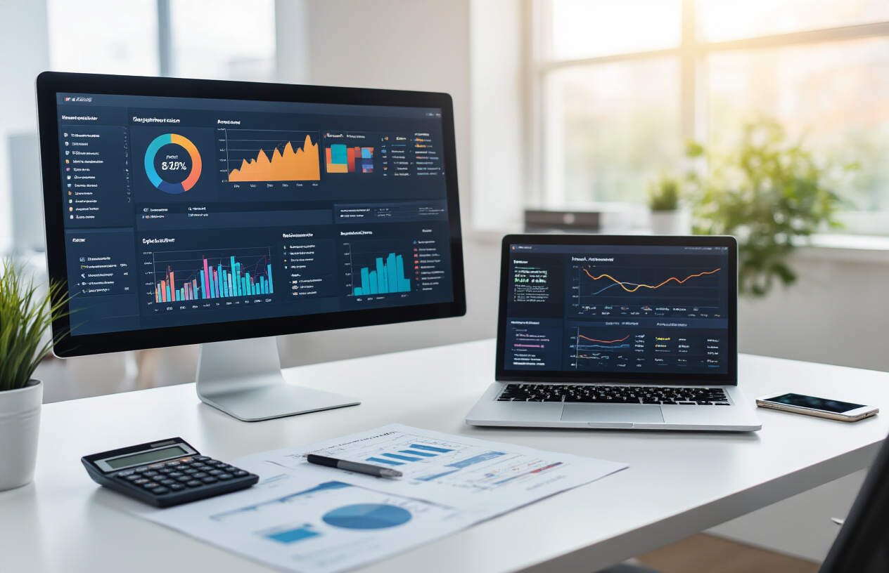 Create a realistic image of a modern office workspace featuring a large computer monitor displaying colorful analytics dashboards with graphs, charts, and data visualizations showing website performance metrics, a sleek laptop computer open beside it, scattered business reports and documents on a clean white desk, a professional calculator, a smartphone showing mobile analytics, soft natural lighting from a window creating gentle shadows, clean minimalist background with blurred office elements, professional and focused atmosphere emphasizing data analysis and digital marketing success tracking, absolutely NO text should be in the scene.