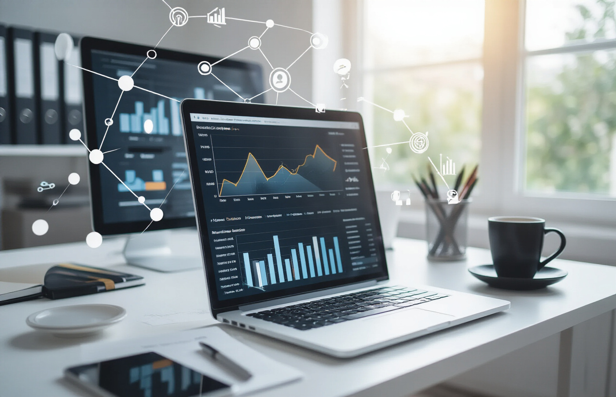 Create a realistic image of a modern office workspace showing a computer screen displaying website analytics with upward trending graphs and metrics, surrounded by digital marketing elements like interconnected network nodes and link symbols floating in the background, with a clean white desk setup featuring a laptop, notepad, and coffee cup, all bathed in bright natural lighting from a window, conveying success and professional achievement in digital marketing, with a minimalist and optimistic atmosphere, absolutely NO text should be in the scene.