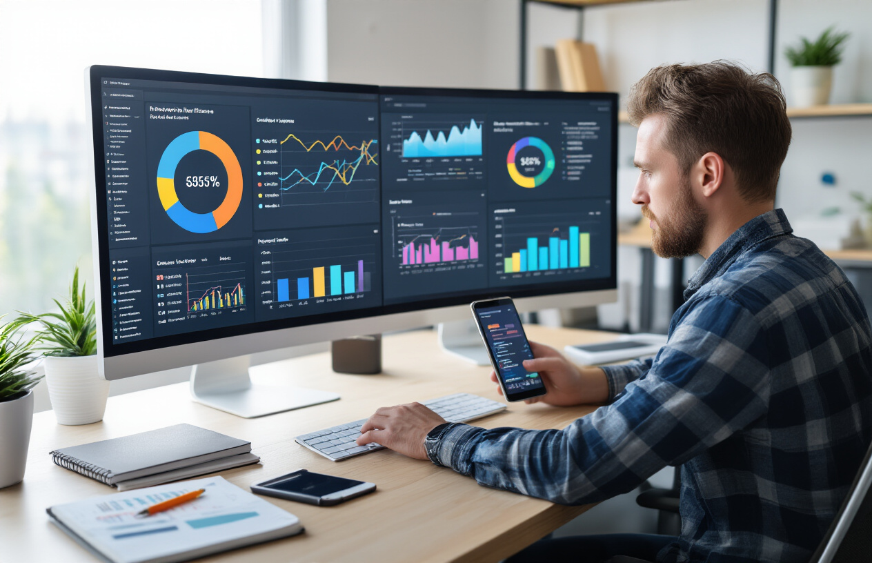 Create a realistic image of a modern office workspace featuring a white male digital marketer in his 30s sitting at a desk analyzing colorful data charts and graphs on a large computer monitor, with Google Business Profile analytics dashboards visible on the screen, surrounded by marketing materials including notebooks, pens, and a smartphone displaying local search results, set against a clean contemporary office background with natural lighting from a nearby window, conveying a focused and professional atmosphere of data-driven content strategy development, absolutely NO text should be in the scene.