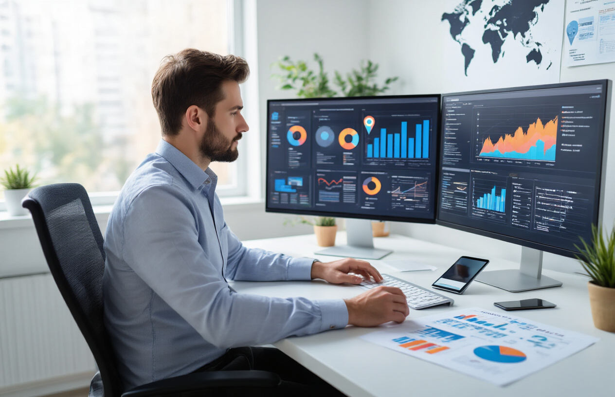 Create a realistic image of a modern office workspace with a white male business professional sitting at a clean desk analyzing colorful data charts and graphs on a large computer monitor, with additional printed analytics reports spread across the desk, a smartphone displaying location pins nearby, warm natural lighting from a window, professional and focused atmosphere, clean minimalist background with subtle marketing elements like a world map on the wall, absolutely NO text should be in the scene.