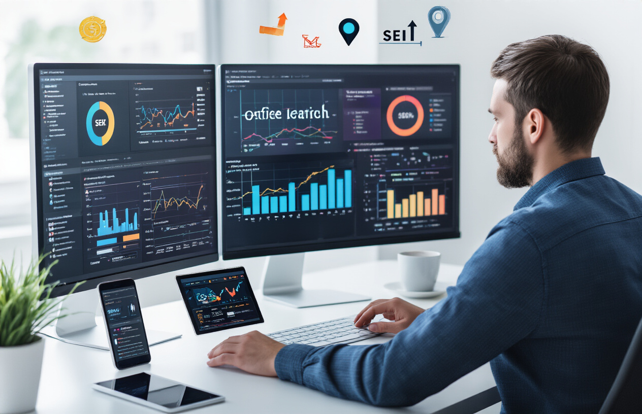 Create a realistic image of a modern office workspace featuring advanced digital marketing tools and analytics dashboards displayed on multiple computer monitors showing colorful SEO performance graphs, charts, and local search rankings, with a white male professional in business casual attire analyzing data while seated at a sleek desk, surrounded by complementary elements like a smartphone displaying location pins, a tablet with local business listings, growth arrow symbols, and SEO-related icons floating subtly in the background, set in a contemporary office environment with clean lighting and a professional atmosphere that conveys strategic planning and sustained business growth, absolutely NO text should be in the scene.