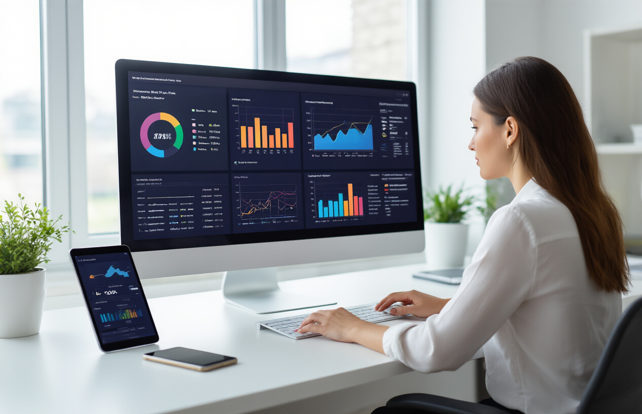 Create a realistic image of a modern office workspace with a large computer monitor displaying colorful analytics dashboard with graphs, charts, and performance metrics, a white female marketing professional sitting at a clean desk analyzing brand performance data, smartphone and tablet showing social media profiles visible on the desk, natural daylight coming through windows creating professional lighting, clean minimalist background with subtle brand elements, focused concentrated mood suggesting data analysis and brand optimization work, absolutely NO text should be in the scene.