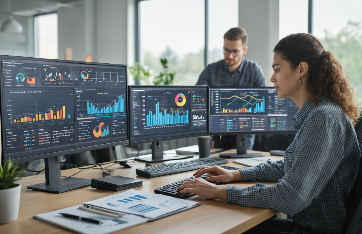 Create a realistic image of a modern office workspace showing data analysis and optimization in action, featuring a diverse team of professionals including a white male and black female analyst working at computer monitors displaying colorful analytics dashboards with charts, graphs, and data visualization elements, surrounded by a clean contemporary office environment with natural lighting from large windows, multiple screens showing performance metrics and KPI indicators, notebooks and strategic planning documents on the desk, with a focused collaborative atmosphere suggesting data-driven decision making and business optimization strategies, absolutely NO text should be in the scene.