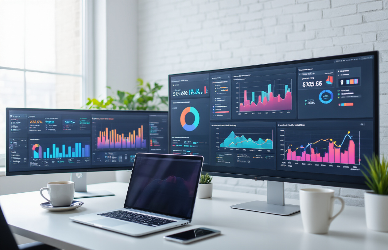 Create a realistic image of a modern office workspace featuring analytics dashboards and performance metrics displayed on multiple computer monitors, with colorful charts, graphs, and data visualizations showing product performance trends, a sleek desk with a laptop, smartphone, and coffee cup, professional business environment with clean white walls and natural lighting from a window, conveying a mood of productivity and data-driven optimization, absolutely NO text should be in the scene.