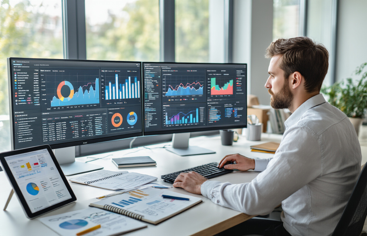 Create a realistic image of a modern office workspace showing a white male data analyst sitting at a dual-monitor setup displaying colorful SEO analytics dashboards with charts, graphs, and website performance metrics, surrounded by notebooks with handwritten optimization notes, a tablet showing website layouts, and strategic planning documents spread across a clean desk, set in a bright contemporary office environment with natural lighting from large windows, conveying a focused and productive atmosphere of data-driven decision making, absolutely NO text should be in the scene.
