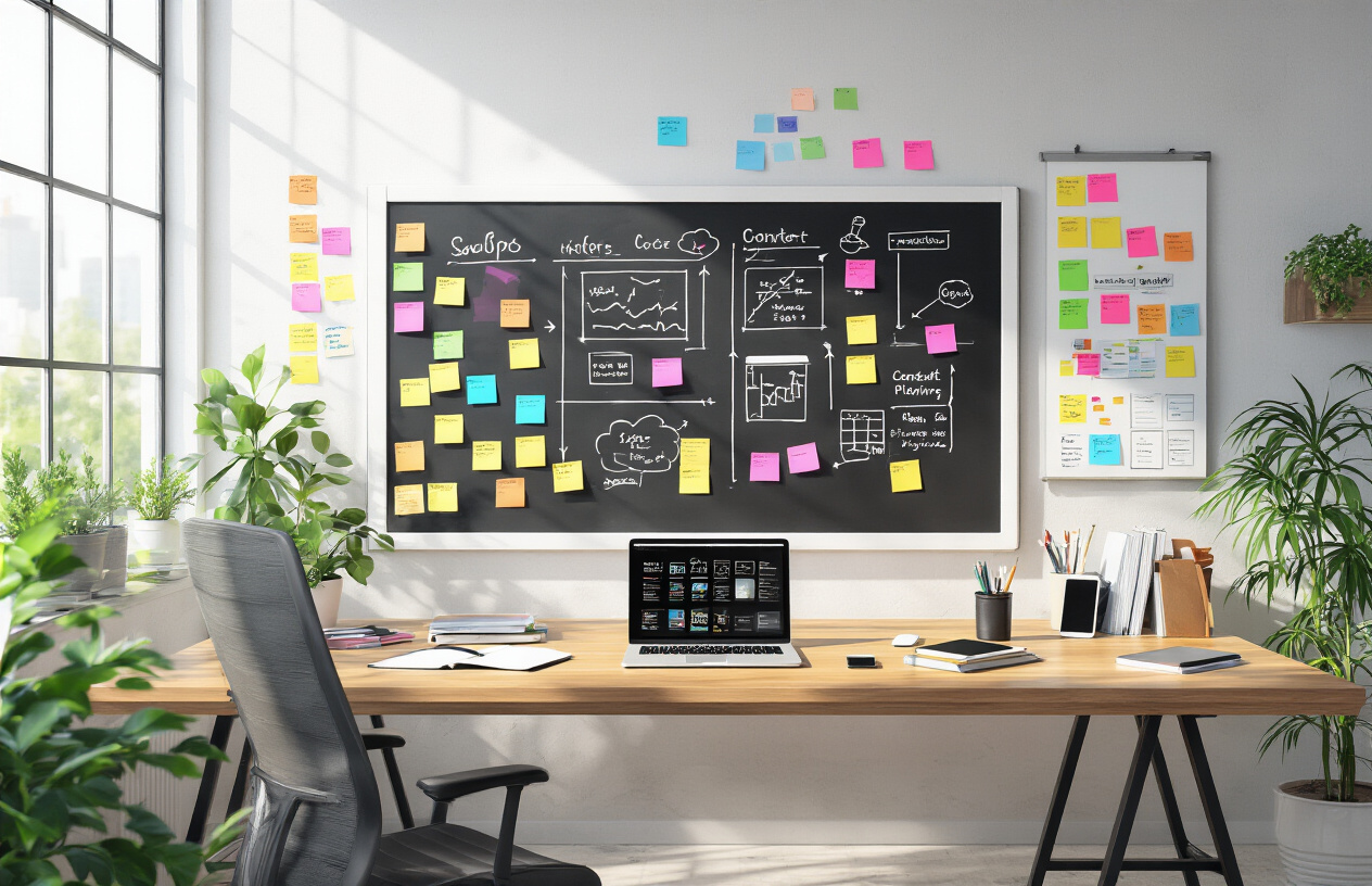 Create a realistic image of a modern office workspace with a large whiteboard or wall covered in colorful sticky notes, mind maps, and content planning charts, featuring a sleek wooden desk with an open laptop displaying content calendar templates, surrounded by scattered notebooks, pens, and digital devices like tablets and smartphones, with a comfortable ergonomic chair positioned in front, natural lighting streaming through large windows creating a bright and focused atmosphere, and potted plants adding a touch of creativity to the professional environment, absolutely NO text should be in the scene.