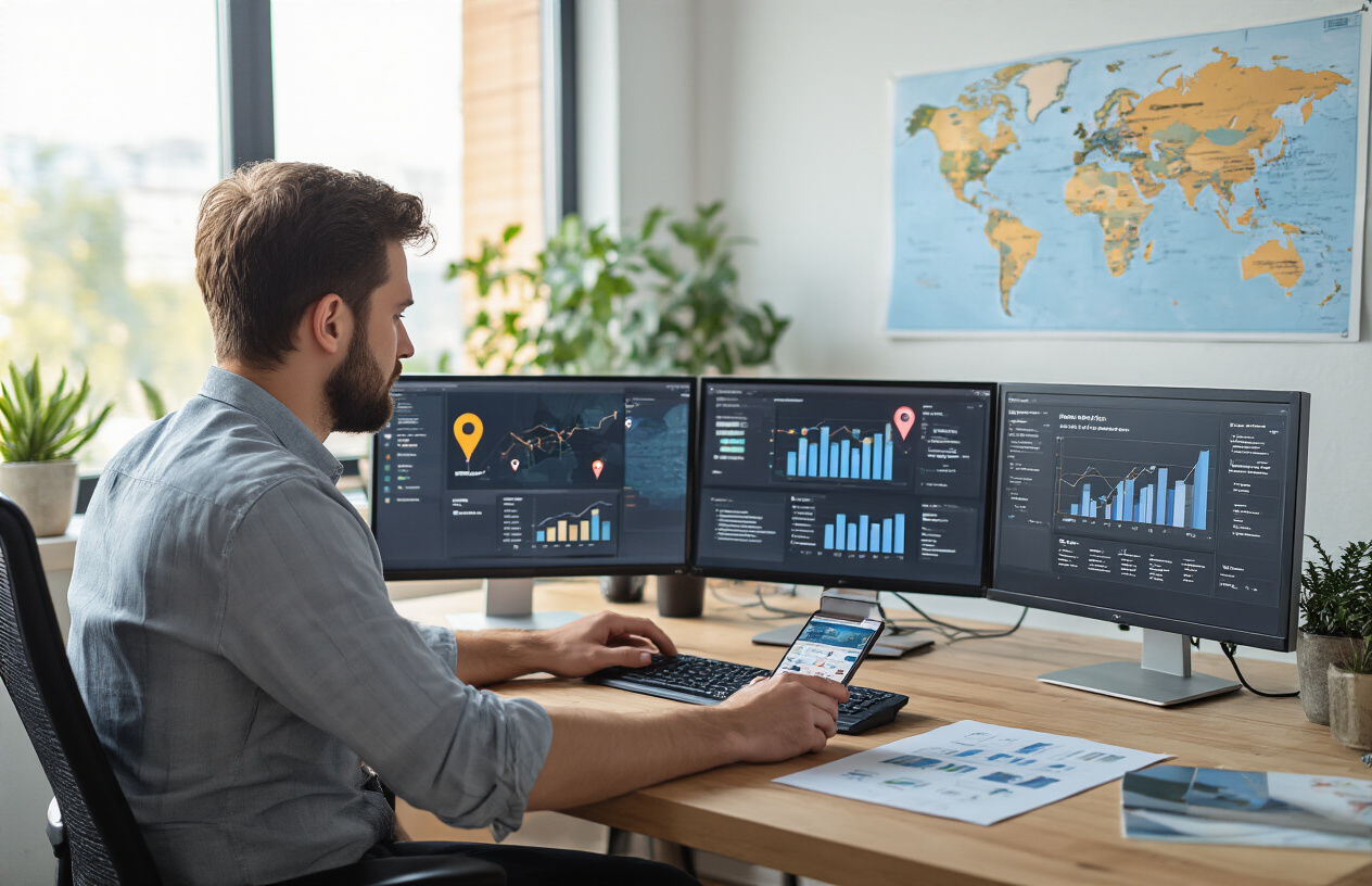 Create a realistic image of a modern office workspace with a white male digital marketing professional sitting at a desk analyzing local SEO data on multiple computer monitors displaying maps, location pins, and analytics dashboards, with a smartphone showing geotagged photos in the foreground, surrounded by marketing strategy documents, a world map on the wall with location markers, warm natural lighting from a nearby window, professional atmosphere with plants and modern furniture, Absolutely NO text should be in the scene.
