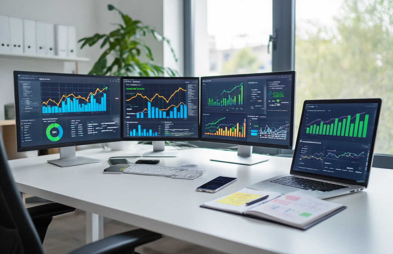 Create a realistic image of a modern office workspace with multiple computer monitors displaying colorful analytics dashboards, line graphs showing upward trends, and performance charts with green positive indicators, a clean white desk with a laptop, smartphone, and notepad containing handwritten notes, soft natural lighting from a window, professional corporate atmosphere, charts and graphs visible on screens showing website traffic growth and SEO ranking improvements, absolutely NO text should be in the scene.