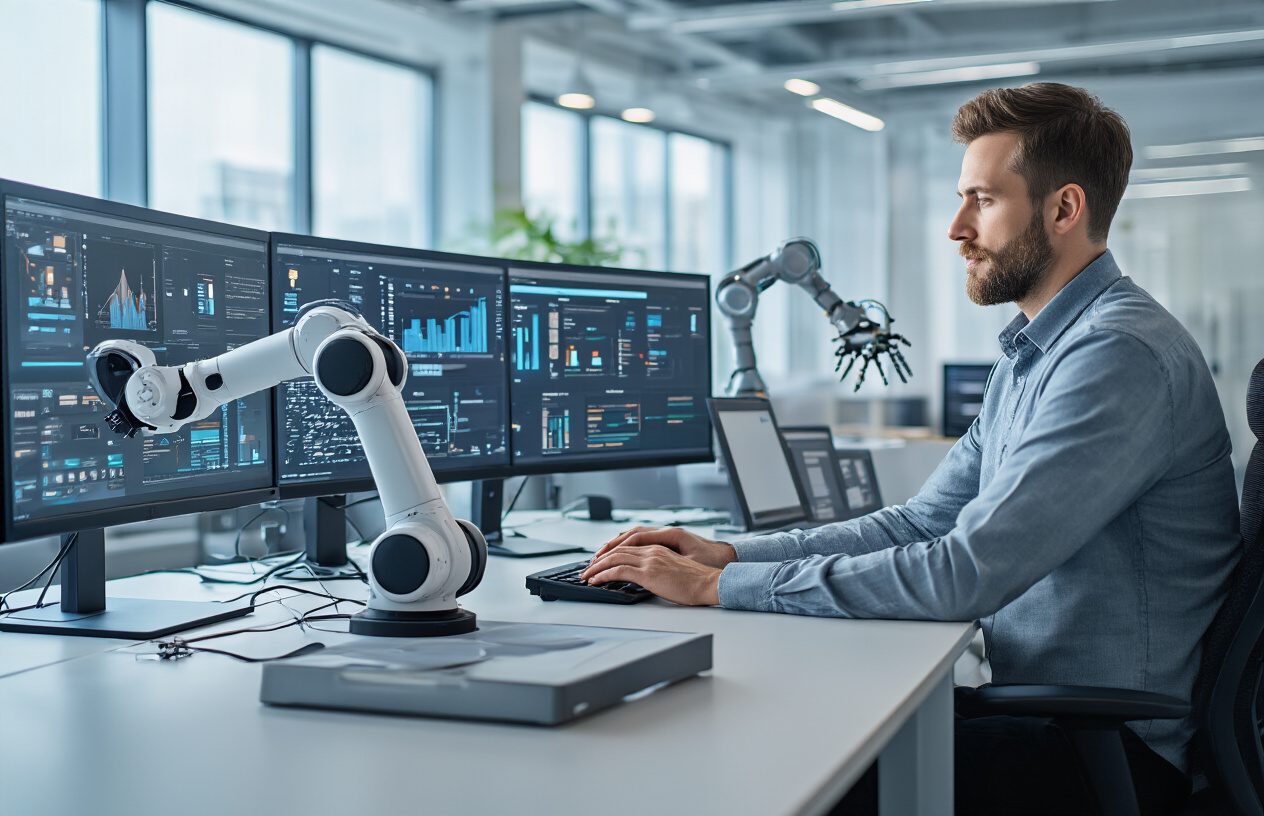Create a realistic image of a modern office workspace showing automation technologies in action, featuring a white male professional in his 30s sitting at a desk with multiple monitors displaying automated workflows and digital dashboards, robotic process automation software interfaces visible on screens, a sleek robotic arm performing document sorting tasks on the desk, smart lighting automatically adjusting in the background, clean contemporary office environment with glass partitions, natural daylight streaming through large windows, productivity-focused atmosphere with seamless integration of human and automated elements, absolutely NO text should be in the scene.