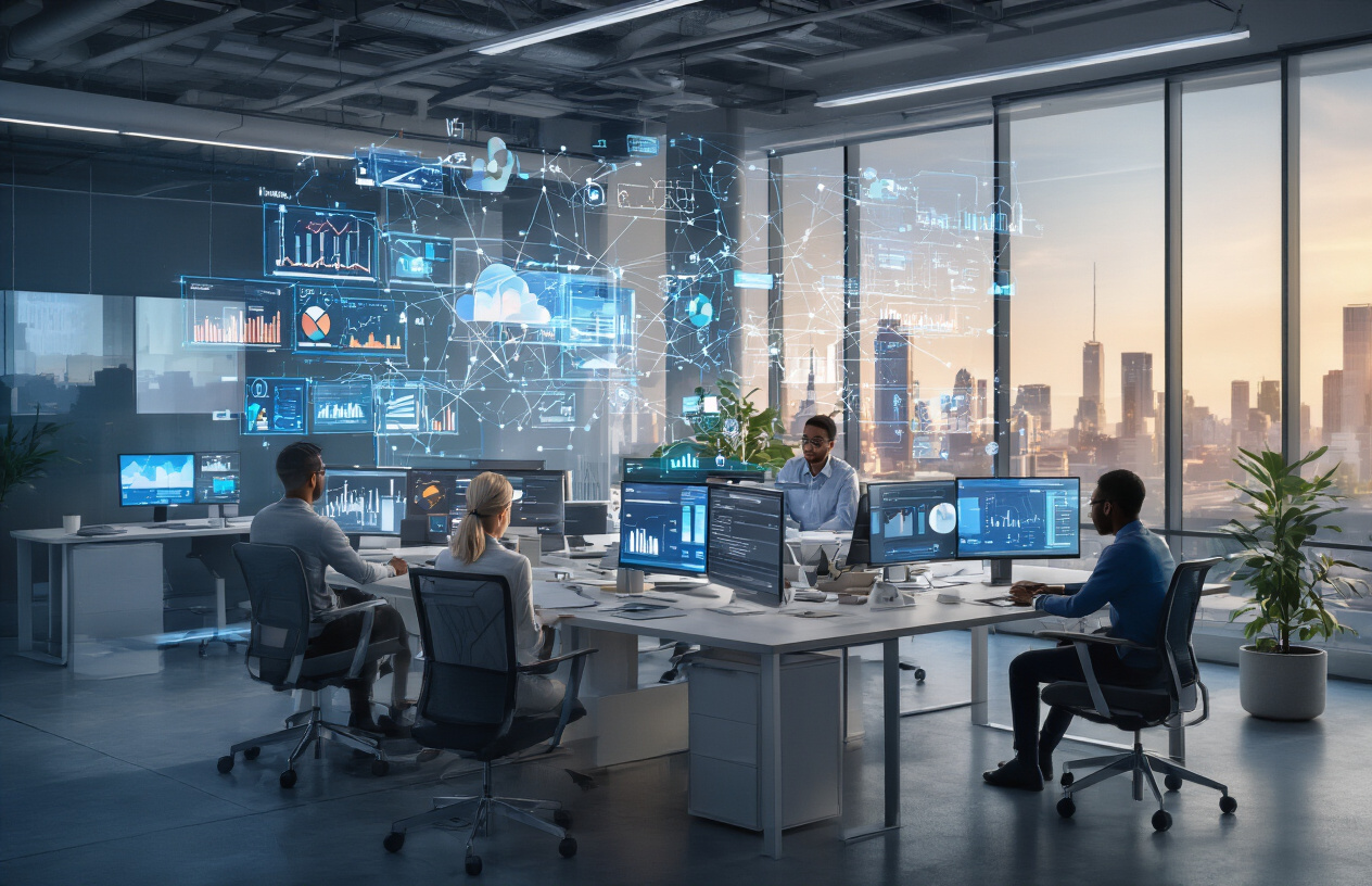 Create a realistic image of a modern office workspace showing the integration of cutting-edge technology trends, featuring a diverse group of professionals including a white female and black male collaborating around a sleek desk with multiple monitors displaying data analytics dashboards, AI interfaces, and cloud computing visualizations, with holographic projections of digital networks floating above the workspace, surrounded by modern office furniture, large windows showing a city skyline, warm natural lighting mixed with blue LED accents from the technology, conveying a sense of innovation and future-forward thinking, absolutely NO text should be in the scene.