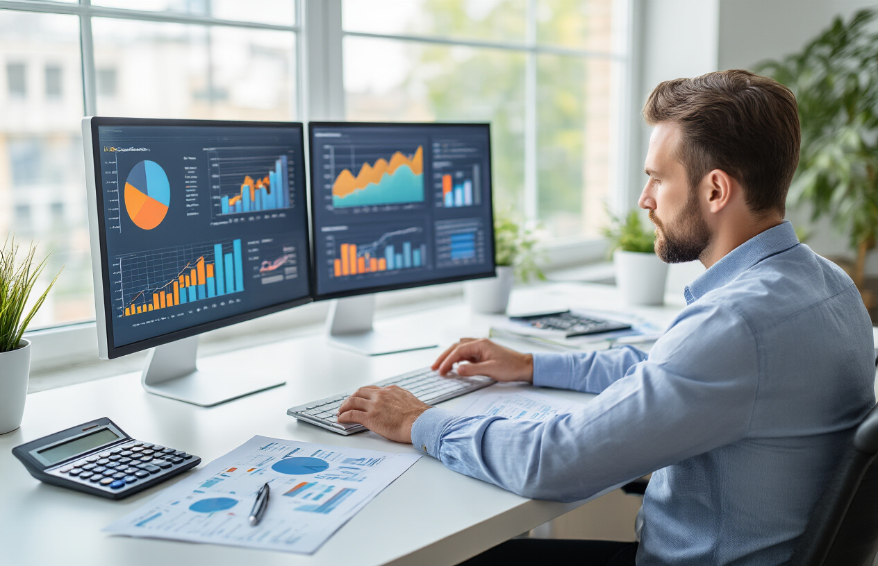 Create a realistic image of a modern office workspace with a white male professional in business casual attire sitting at a clean desk, focused on analyzing colorful performance charts and graphs displayed on a large computer monitor, with additional printed analytics reports spread across the desk, a calculator and pen nearby, soft natural lighting from a window, professional atmosphere conveying data analysis and performance measurement activities, absolutely NO text should be in the scene.