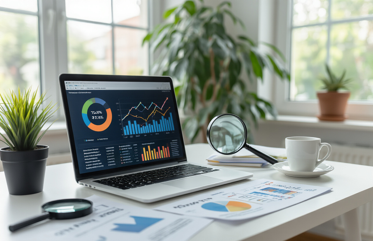 Create a realistic image of a modern office workspace with a laptop computer displaying analytics dashboard with colorful graphs and charts showing upward trending arrows, surrounded by SEO-related elements including a magnifying glass over search results, ranking position indicators, and keyword research documents scattered on a clean white desk, with a potted plant and coffee cup in the background, bright natural lighting from a window, professional and focused atmosphere, absolutely NO text should be in the scene.