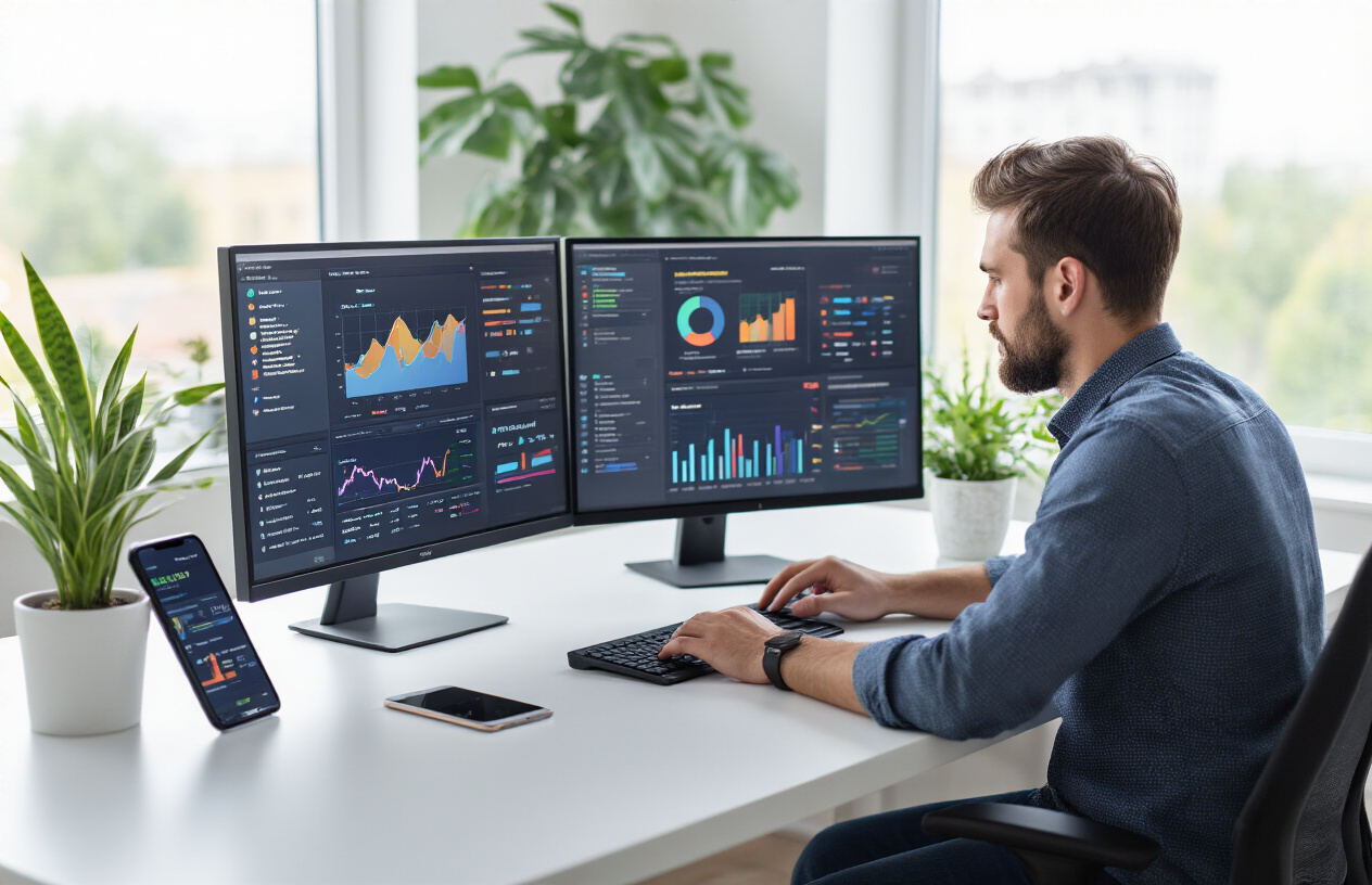 Create a realistic image of a modern office workspace showing a white male digital marketer in his 30s sitting at a sleek desk analyzing website analytics on dual monitors displaying colorful graphs, charts, and conversion rate data, with a smartphone and tablet showing product pages nearby, surrounded by a clean minimalist office environment with soft natural lighting from a large window, potted plants in the background, and the overall mood conveying focus and optimization success, absolutely NO text should be in the scene.