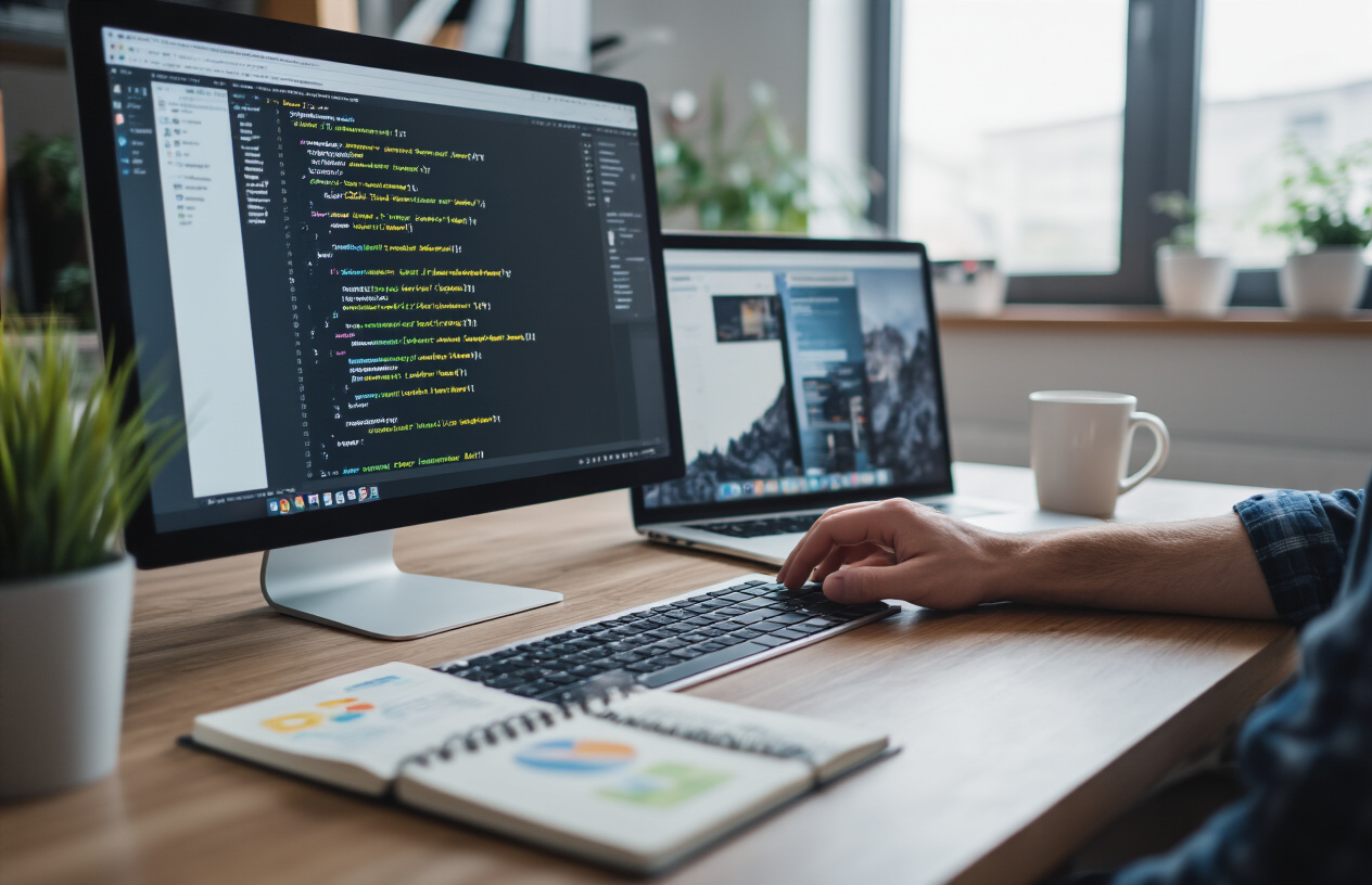 Create a realistic image of a modern office workspace showing a computer screen displaying website code with canonical URL tags highlighted in HTML markup, a white male web developer's hands positioned over a keyboard, multiple browser tabs open showing different web pages, a notebook with SEO strategy notes beside the monitor, clean desk setup with a coffee mug, natural lighting from a window, professional atmosphere conveying technical implementation work, absolutely NO text should be in the scene.