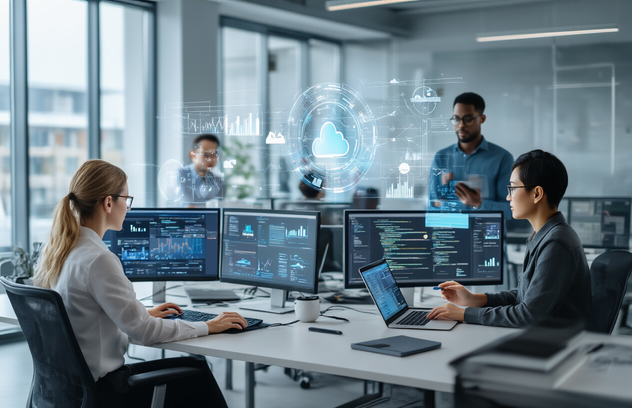 Create a realistic image of a modern open office workspace showing diverse professionals including a white female data analyst working on multiple computer screens displaying analytics dashboards, a black male developer coding on a laptop, and an Asian female manager using a tablet for video conferencing, with futuristic technology elements like holographic displays, AI interfaces, and cloud computing visualizations floating above their workstations, set against a sleek contemporary office background with glass walls and natural lighting streaming through large windows, conveying an innovative and collaborative atmosphere where cutting-edge technology seamlessly integrates with daily work activities, absolutely NO text should be in the scene.