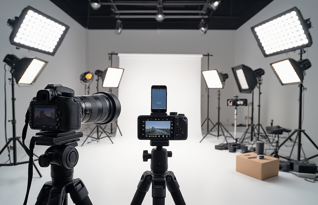 Create a realistic image of a modern photography studio setup showcasing technical equipment for product photography, featuring professional camera on tripod with detailed settings display, multiple LED softbox lights positioned at different angles, color temperature meters, light diffusers, and various photography accessories arranged on a clean white backdrop, with a sleek product like a smartphone or watch positioned as the subject under optimal lighting conditions, demonstrating precise technical photography standards, shot in bright professional lighting with sharp focus and clean minimalist aesthetic, absolutely NO text should be in the scene.