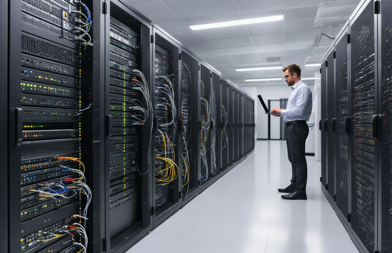 Create a realistic image of a modern server room with multiple black server racks containing blinking LED lights, organized network cables, and cooling systems, featuring a professional white male IT administrator in business casual attire monitoring server performance on a laptop computer, with clean white floors, bright overhead fluorescent lighting creating a technical atmosphere, and visible ethernet cables connecting various server units, emphasizing the technical infrastructure needed for optimal website crawling capabilities, absolutely NO text should be in the scene.