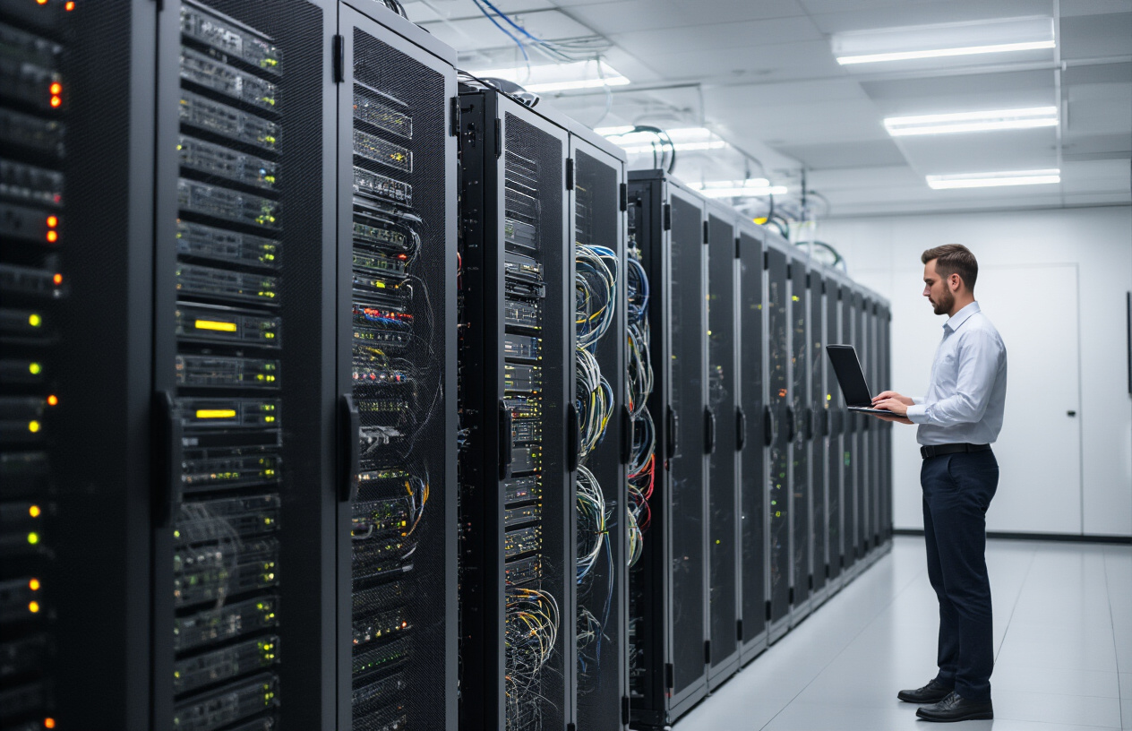 Create a realistic image of a modern server room with rows of tall black server racks containing blinking LED lights, organized network cables, and cooling systems, featuring a professional white male IT technician in business casual attire monitoring performance metrics on a laptop computer, with bright fluorescent lighting overhead creating a clean technical atmosphere, and visible ethernet cables and networking equipment in the background. Absolutely NO text should be in the scene.