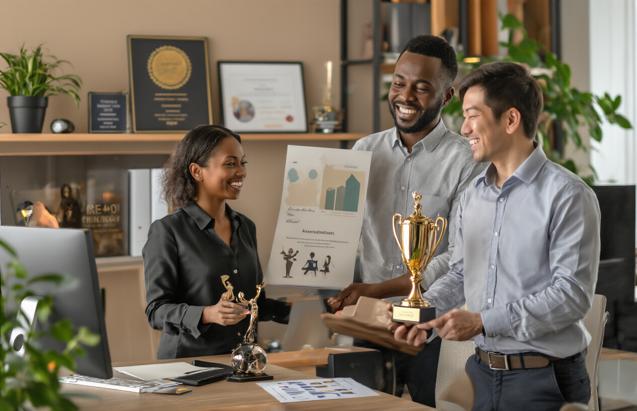 Create a realistic image of a modern small business office environment featuring a diverse group including a white male business owner, black female employee, and Asian male team member celebrating achievements together, with visible awards certificates mounted on wall, trophy on desk, employee recognition plaques displayed on shelves, professional workspace with computers and documents, warm lighting creating positive atmosphere, people smiling and engaged in appreciation moment, clean contemporary office setting with plants and professional decor, absolutely NO text should be in the scene.