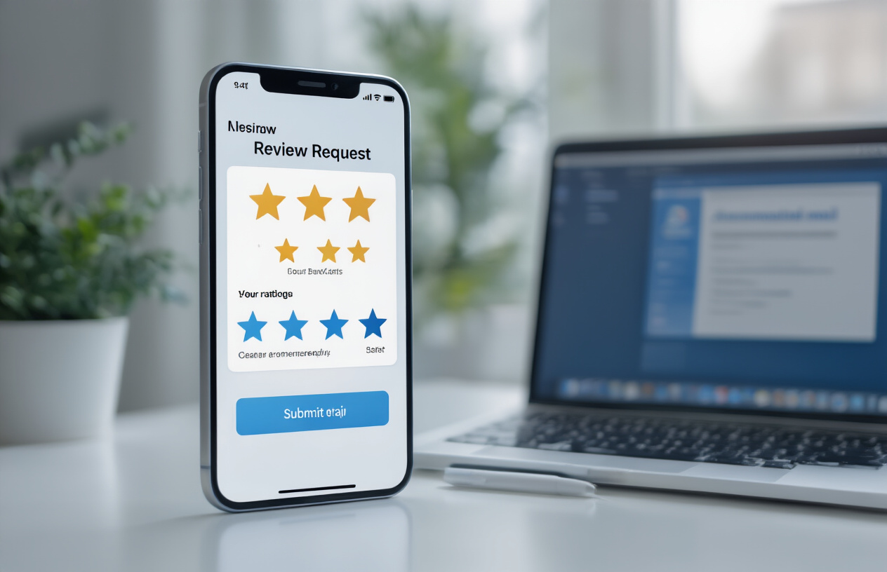 Create a realistic image of a modern smartphone displaying a clean, user-friendly review request interface with star rating buttons and submission options, placed on a sleek white desk next to a laptop computer showing automated email templates, with soft natural lighting from a nearby window, professional office environment in the background, and subtle blue and white color scheme conveying efficiency and simplicity, absolutely NO text should be in the scene.