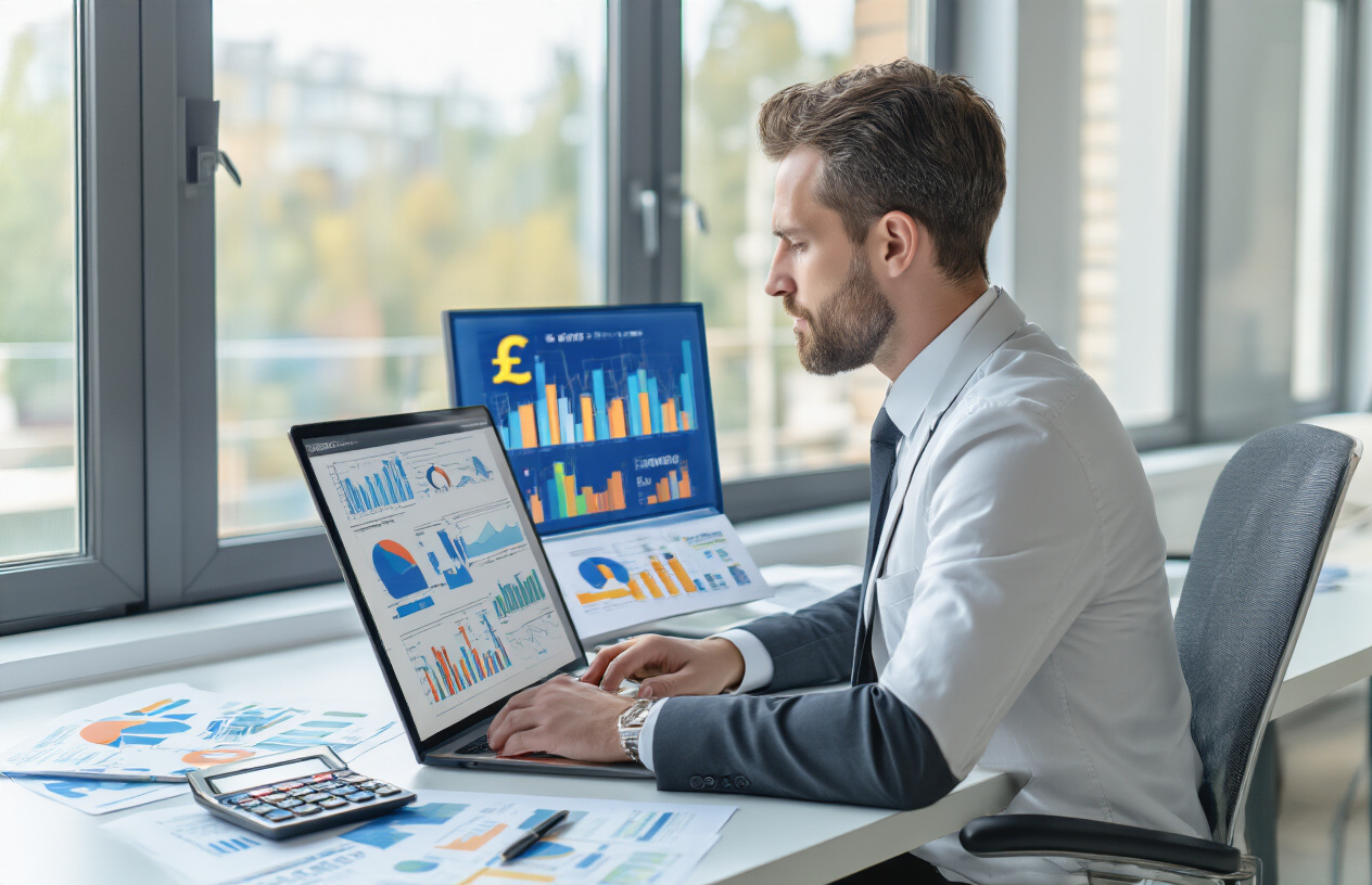 Create a realistic image of a modern UK business office setting with a white male professional in a suit sitting at a clean desk analyzing colorful pricing charts and graphs on a laptop screen, with calculator, pen, and financial documents spread on the desk, British pound sterling symbols subtly visible on the papers, bright natural lighting from large windows, professional corporate atmosphere with neutral color palette of whites and blues, absolutely NO text should be in the scene.