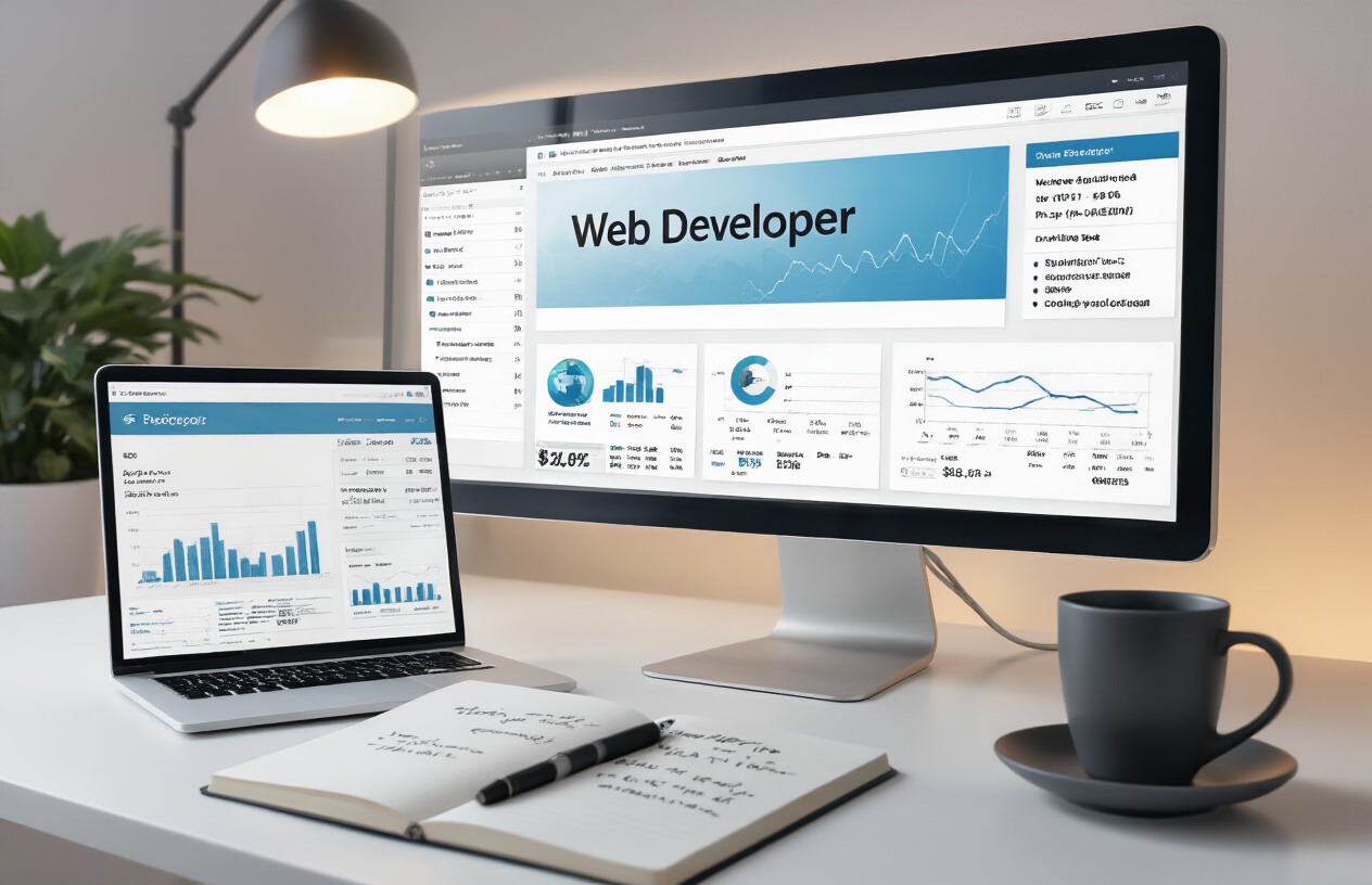 Create a realistic image of a modern web developer's workspace showing a sleek computer monitor displaying a website with a clean, professional header design, surrounded by SEO analytics charts and performance graphs on a white desk, with a notebook containing handwritten optimization notes, a coffee cup, and subtle lighting creating a productive atmosphere, representing the successful implementation of dynamic header best practices. Absolutely NO text should be in the scene.