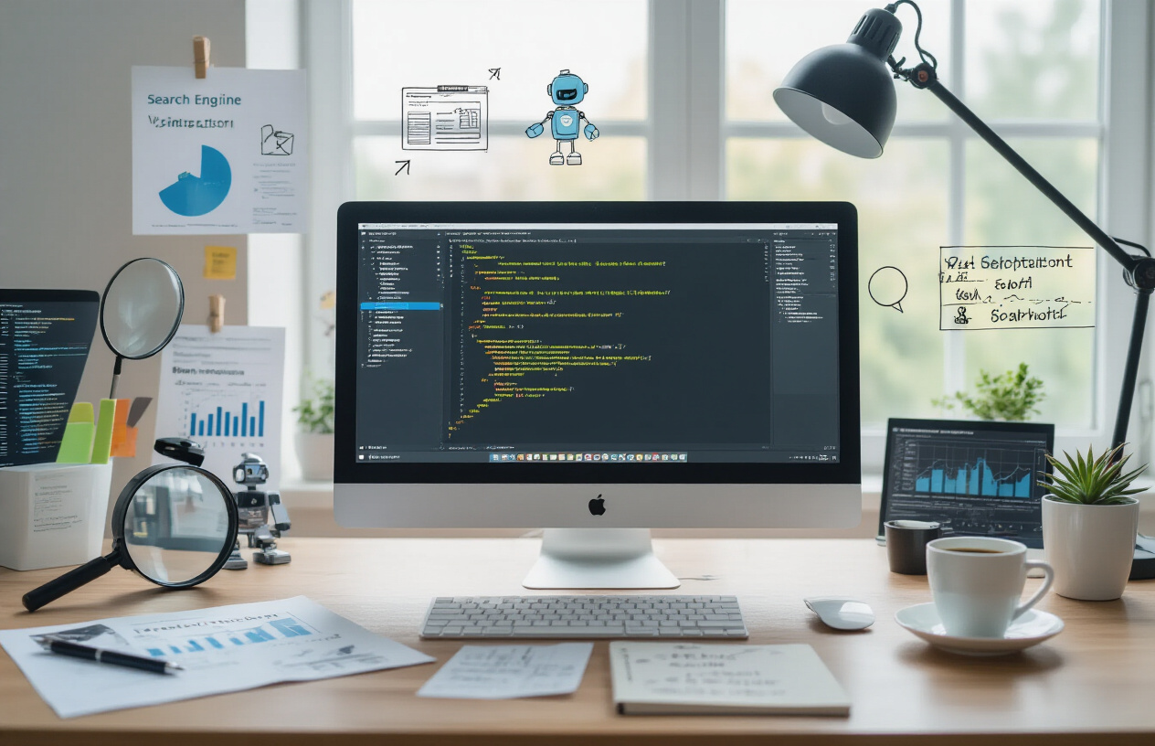Create a realistic image of a modern web developer's workspace featuring a computer monitor displaying code editor with robots.txt file structure, surrounded by SEO-related elements including magnifying glass, search engine optimization charts, website analytics graphs, and technical documentation papers scattered on a clean desk, with soft natural lighting from a window, professional office environment with minimalist design, focus on the screen showing file directories and code syntax, complemented by coffee cup and notebook with handwritten SEO notes, absolutely NO text should be in the scene.