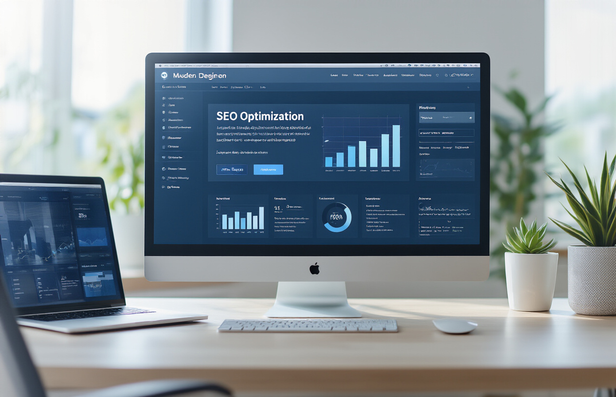 Create a realistic image of a modern website design interface displayed on a computer monitor showing a dynamic header section with SEO optimization elements, featuring a clean minimalist workspace with a sleek laptop, digital design tools, and SEO analytics charts visible on screen, set in a contemporary office environment with soft natural lighting from a window, professional atmosphere with subtle blue and white color scheme. Absolutely NO text should be in the scene.