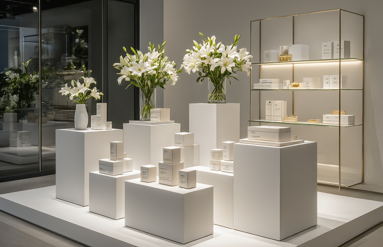 Create a realistic image of a modern, well-lit showroom or retail display featuring an elegant arrangement of premium products on white pedestals and glass shelves, with soft spotlighting highlighting each item, clean minimalist background with subtle gradient from white to light gray, professional photography lighting creating gentle shadows, upscale boutique atmosphere conveying quality and exclusivity, absolutely NO text should be in the scene.
