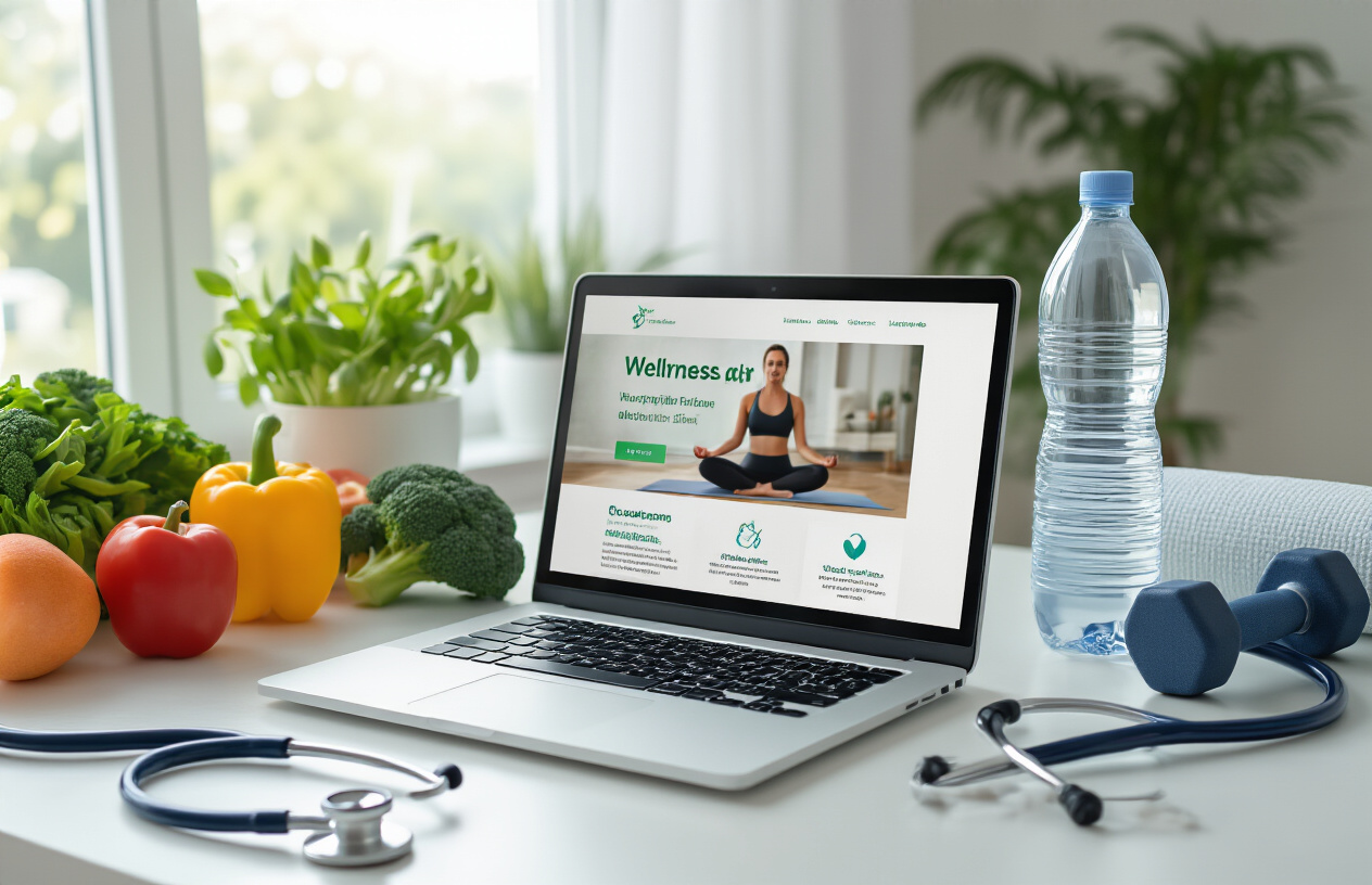 Create a realistic image of a modern wellness website interface displayed on a laptop screen showing health and fitness content, surrounded by wellness elements including fresh vegetables, a water bottle, yoga mat, dumbbells, and a stethoscope on a clean white desk, with soft natural lighting from a window, professional medical office ambiance in the background, absolutely NO text should be in the scene.
