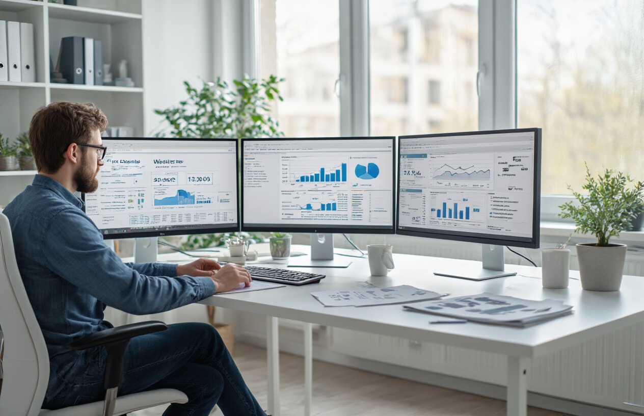 Create a realistic image of a modern white male web developer sitting at a clean desk with dual monitors displaying website analytics dashboards and pagination interface designs, surrounded by SEO strategy documents and flowcharts showing advanced pagination structures, in a bright contemporary office setting with natural lighting from large windows, focused and analytical mood as he analyzes website performance metrics and pagination optimization strategies, absolutely NO text should be in the scene.
