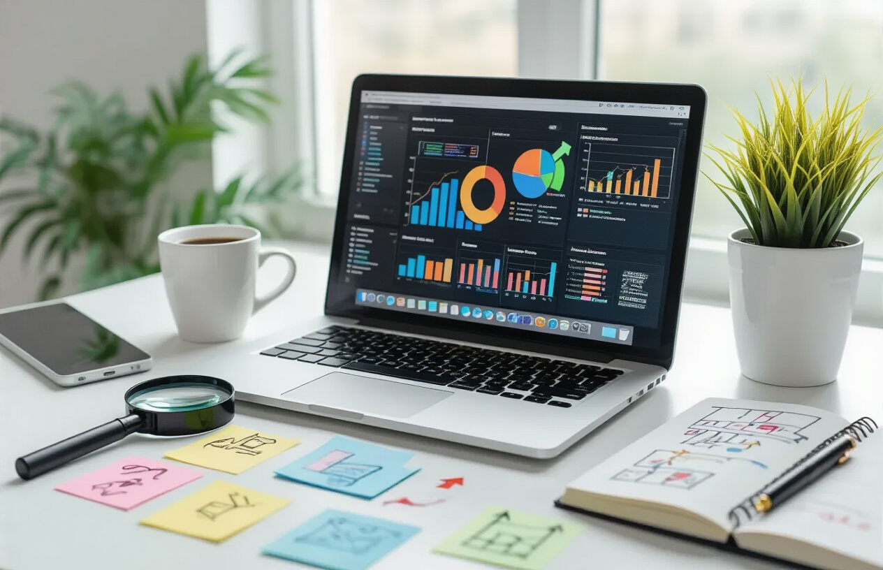 Create a realistic image of a modern workspace desk featuring a laptop computer displaying colorful SEO-related charts and analytics dashboards, surrounded by complementary elements like a magnifying glass, scattered sticky notes with arrows and diagrams, a notebook with hand-drawn flowcharts, and a coffee cup, set against a clean white office background with soft natural lighting from a nearby window, conveying a professional and educational mood focused on learning and analysis, absolutely NO text should be in the scene.