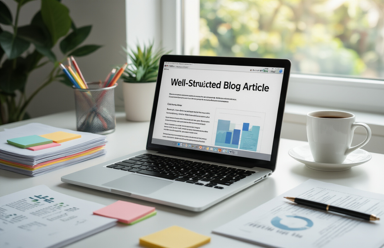 Create a realistic image of a modern workspace featuring an open laptop displaying a well-structured blog article with clear heading hierarchy, surrounded by organizational tools like colorful sticky notes, a neat stack of papers with visible subheadings, and a coffee cup on a clean white desk, with soft natural lighting from a window creating a productive and organized atmosphere, absolutely NO text should be in the scene.