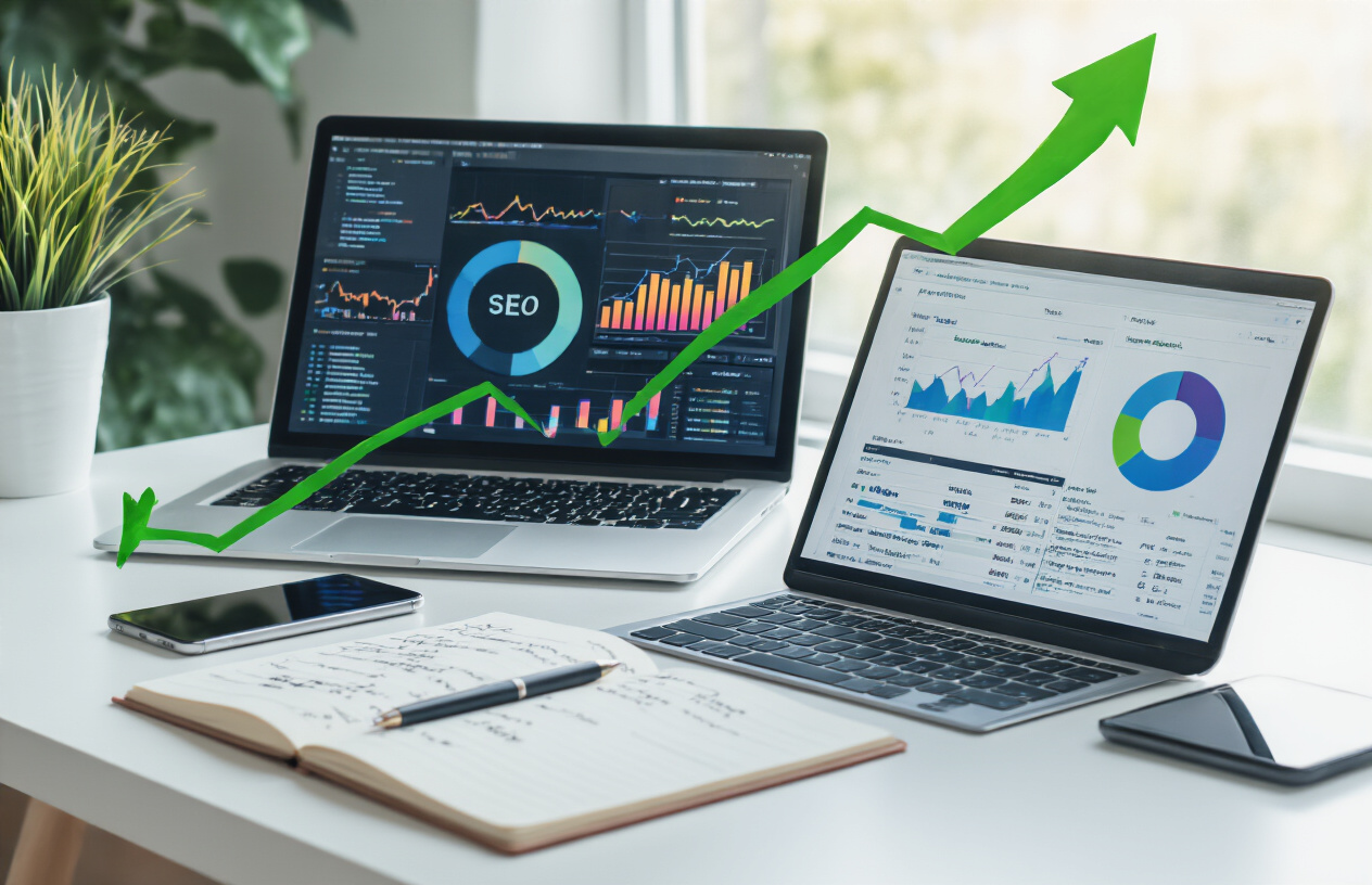 Create a realistic image of a modern workspace featuring a laptop computer displaying colorful SEO analytics graphs and keyword ranking charts on the screen, with a smartphone and notebook with handwritten notes placed nearby on a clean white desk, soft natural lighting coming from a window creating a professional and successful atmosphere, with subtle green upward trending arrows floating above the devices suggesting growth and achievement, Absolutely NO text should be in the scene.